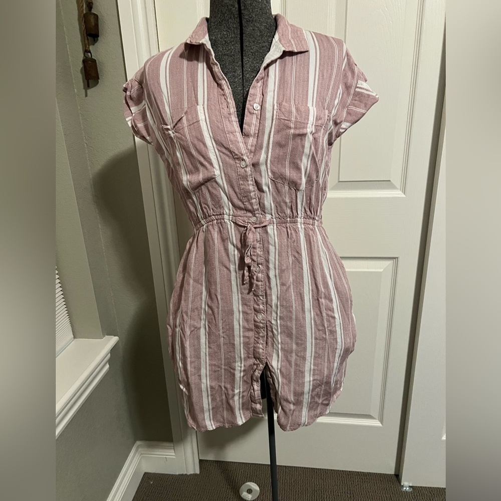 Japna Short Sleeve Collared Striped Shirt Dress Red & White withPocket